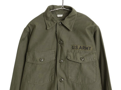 60s 米軍実物 US ARMY コットン サテン ユーティリティ シャツ M / ヴィンテージ OG107 シャツ袖 2nd ミリタリー 軍物 ワッペン付き カーキ