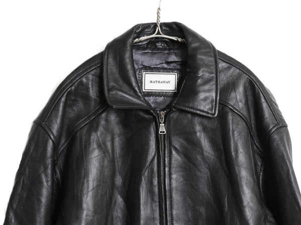 00s ハサウェイ 本革 レザー スイングトップ ジャケット メンズ L 古着 オールド 革ジャン 中綿 シングル ライダース ジャンパー ブラック