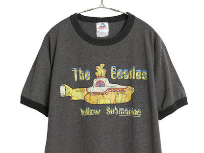 00s ビートルズ イラスト プリント リンガー Tシャツ メンズ M 古着 オールド オフィシャル バンド ロック グラフィック 濃灰 黒 ツートン