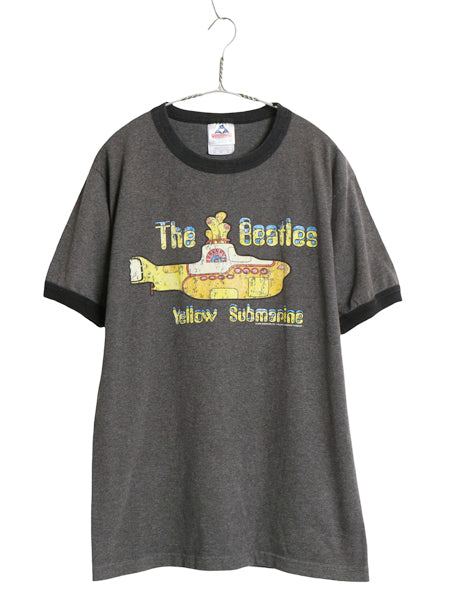00s ビートルズ イラスト プリント リンガー Tシャツ メンズ M 古着 オールド オフィシャル バンド ロック グラフィック 濃灰 黒 ツートン