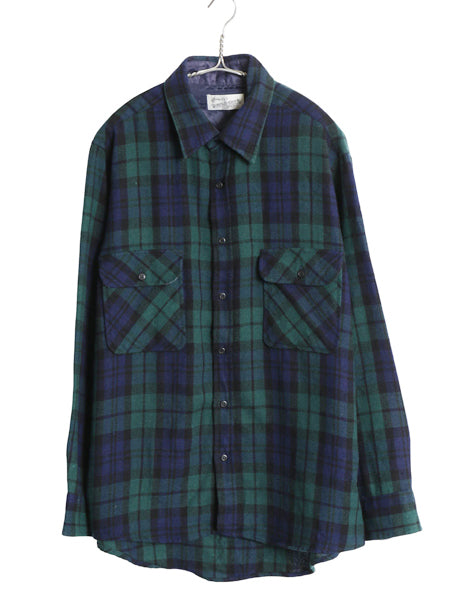 90s シアーズ ローバックス 長袖 ウール シャツ メンズ L 古着 オールド ブラックウォッチ チェック ポケット付き カジュアル マルチカラー