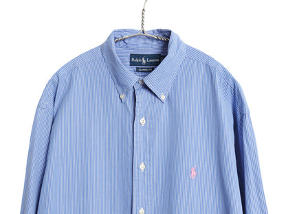 00s ラルフローレン ストライプ 長袖 ボタンダウン シャツ メンズ L 程 / オールド ポロ CLASSIC FIT コットン ワンポイント ポニー 青 白