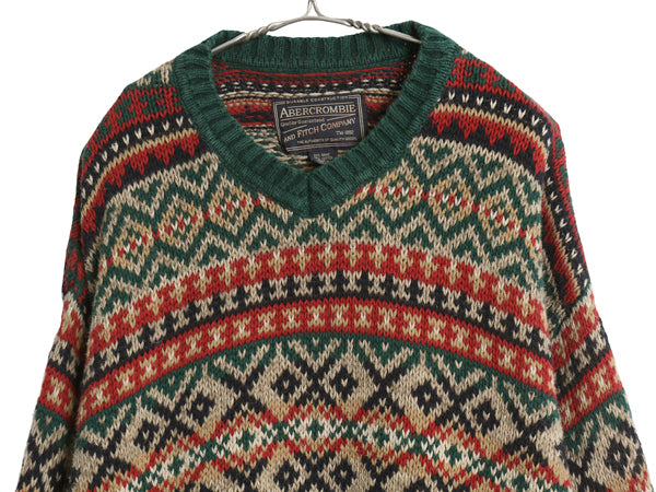 00s Abercrombie&Fitch ニット セーター メンズ XL 古着 オールド ラミー コットン Vネック 総柄 ノルディック フェアアイル 大きいサイズ