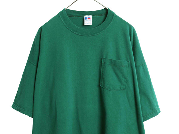 90s USA製 ラッセル ポケット付き 無地 半袖 Tシャツ メンズ XXL / オールド ヘビーウェイト コットン ポケT カットソー 大きいサイズ 緑