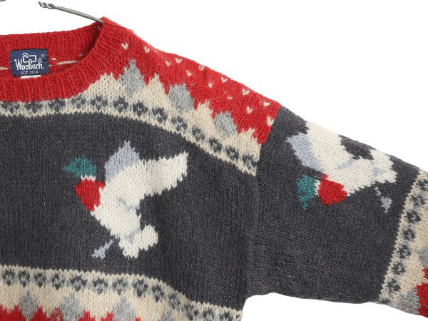 80s ウールリッチ デザイン ニット セーター メンズ XL / ヴィンテージ ウール バーズアイ ハンティング ノルディック 絵柄 大きいサイズ