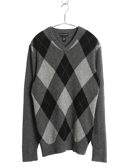 バナナリパブリック Vネック ニット セーター レディース M / 古着 アーガイル 高級 100% カシミヤ きれいめ シンプル 長袖セーター グレー