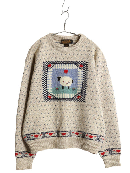 90s エディーバウアー デザイン 二ット セーター レディース L 古着 オールド 長袖ニット ウール バーズアイ ひつじ ハート 絵柄 かわいい