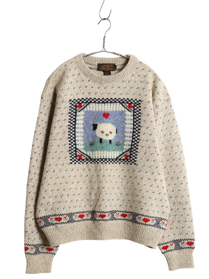 90s エディーバウアー デザイン 二ット セーター レディース L 古着 オールド 長袖ニット ウール バーズアイ ひつじ ハート 絵柄 かわいい
