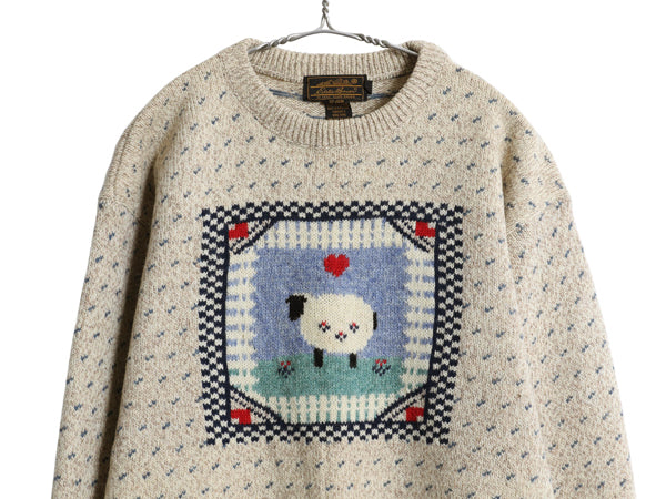 90s エディーバウアー デザイン 二ット セーター レディース L 古着 オールド 長袖ニット ウール バーズアイ ひつじ ハート 絵柄 かわいい