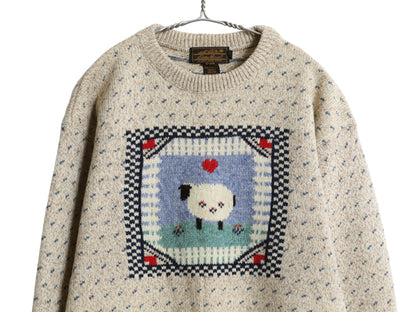 90s エディーバウアー デザイン 二ット セーター レディース L 古着 オールド 長袖ニット ウール バーズアイ ひつじ ハート 絵柄 かわいい