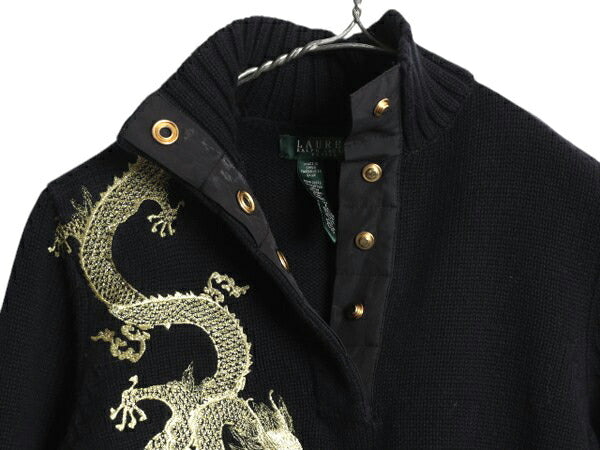 00s LAUREN ラルフローレン 龍 金 刺繍 ハイネック コットン ニット セーター レディース M / オールド ポロ スーベニア デザイン ブラック