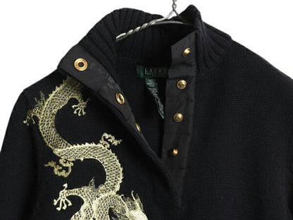 00s LAUREN ラルフローレン 龍 金 刺繍 ハイネック コットン ニット セーター レディース M / オールド ポロ スーベニア デザイン ブラック