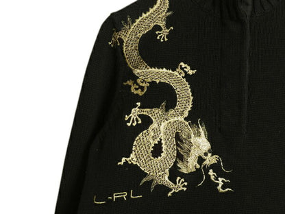 00s LAUREN ラルフローレン 龍 金 刺繍 ハイネック コットン ニット セーター レディース M / オールド ポロ スーベニア デザイン ブラック