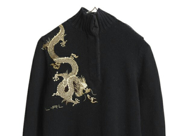 00s LAUREN ラルフローレン 龍 金 刺繍 ハイネック コットン ニット セーター レディース M / オールド ポロ スーベニア デザイン ブラック