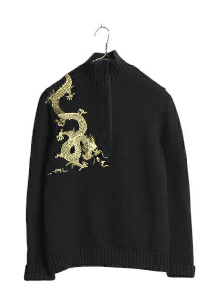 00s LAUREN ラルフローレン 龍 金 刺繍 ハイネック コットン ニット セーター レディース M / オールド ポロ スーベニア デザイン ブラック