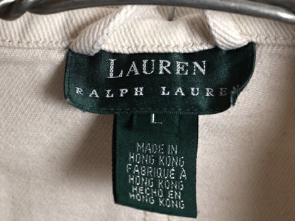 90s LAUREN ラルフローレン ホワイト デニム ハンティング ジャケット レディース L 古着 オールド ポロ コットン カバーオール コート 白