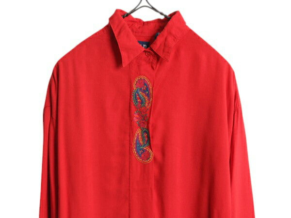 90s OLD GAP 100% レーヨン 刺繍入り 長袖 シャツ レディース L 古着 オールド ギャップ デザイン ブラウス ワンポイント 比翼 チュニック