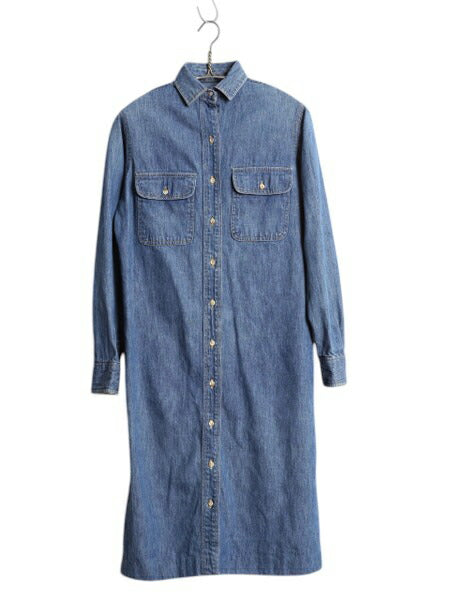 80s USA製 エルエルビーン 長袖 デニム シャツ ワンピース レディース M 程 古着 ヴィンテージ  LLBEAN ロングシャツ ワンピ ひざ丈 前開き