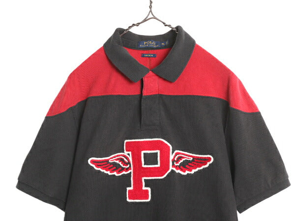 ポロ ラルフローレン P-WING ワッペン 鹿の子 半袖 ポロシャツ メンズ XL / 古着 半袖シャツ ラガーシャツ タイプ Pロゴ ウイングフット 黒