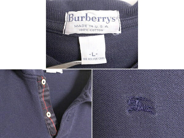 90s USA製 バーバリー 鹿の子 半袖 ポロシャツ メンズ L 古着 90年代 オールド Burberrys 旧タグ 半袖シャツ ワンポイント ノバチェック 紺