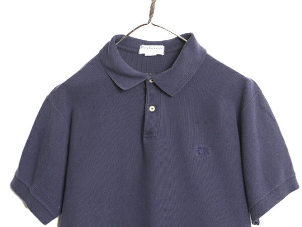 90s USA製 バーバリー 鹿の子 半袖 ポロシャツ メンズ L 古着 90年代 オールド Burberrys 旧タグ 半袖シャツ ワンポイント ノバチェック 紺