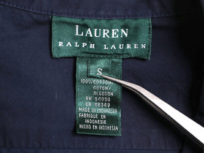 90s LAUREN ラルフローレン 長袖 シャツ レディース S 紺 古着 オールド ポロ コットン ブラウス コットン ワンポイント ロゴ刺繍 ネイビー