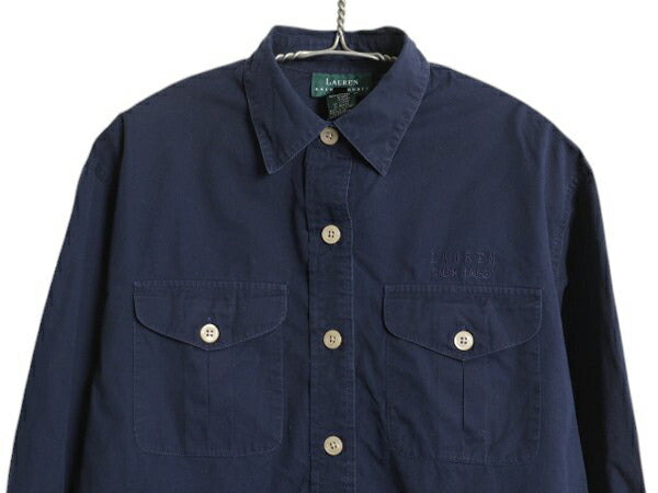 90s LAUREN ラルフローレン 長袖 シャツ レディース S 紺 古着 オールド ポロ コットン ブラウス コットン ワンポイント ロゴ刺繍 ネイビー