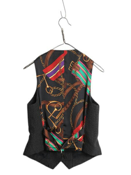 90s LAUREN ラルフローレン ストライプ テーラード ベスト レディース M 程 オールド ウール 前開き 重ね着 馬具 チェーン ビット ブラック