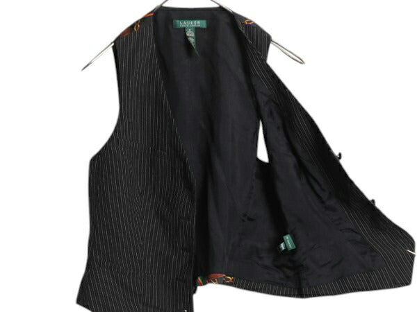 90s LAUREN ラルフローレン ストライプ テーラード ベスト レディース M 程 オールド ウール 前開き 重ね着 馬具 チェーン ビット ブラック
