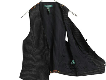 90s LAUREN ラルフローレン ストライプ テーラード ベスト レディース M 程 オールド ウール 前開き 重ね着 馬具 チェーン ビット ブラック
