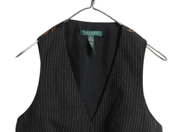 90s LAUREN ラルフローレン ストライプ テーラード ベスト レディース M 程 オールド ウール 前開き 重ね着 馬具 チェーン ビット ブラック