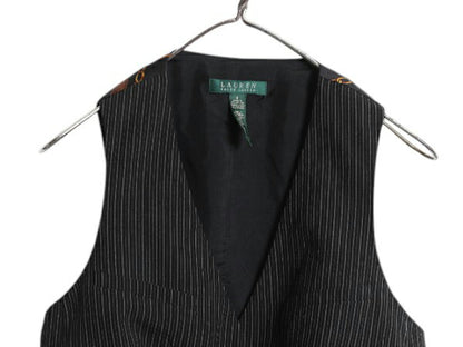 90s LAUREN ラルフローレン ストライプ テーラード ベスト レディース M 程 オールド ウール 前開き 重ね着 馬具 チェーン ビット ブラック