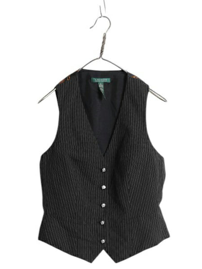 90s LAUREN ラルフローレン ストライプ テーラード ベスト レディース M 程 オールド ウール 前開き 重ね着 馬具 チェーン ビット ブラック