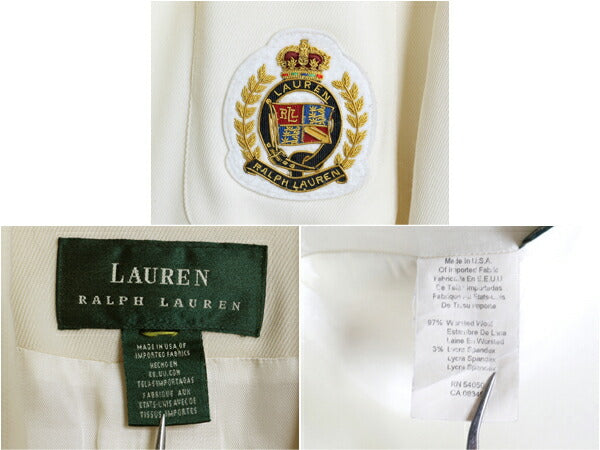 90s USA製 LAUREN ラルフローレン テーラード ジャケット レディース L 程 オールド ブレザー サマー ウール クレスト ナチュラル トラッド