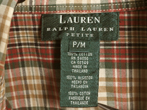 90s LAUREN ラルフローレン 長袖 フィッシング シャツ レディース M 古着 オールド ポロ コットン チェック サファリ 多ポケット長袖シャツ