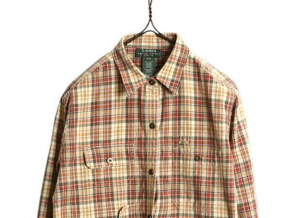 90s LAUREN ラルフローレン 長袖 フィッシング シャツ レディース M 古着 オールド ポロ コットン チェック サファリ 多ポケット長袖シャツ