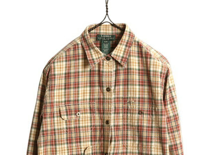 90s LAUREN ラルフローレン 長袖 フィッシング シャツ レディース M 古着 オールド ポロ コットン チェック サファリ 多ポケット長袖シャツ