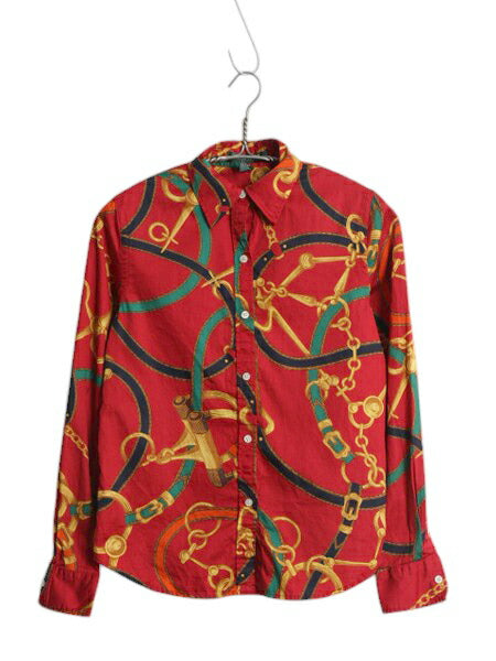 00s LAUREN ラルフローレン 総柄 長袖 シャツ レディース XS / オールド ポロ ブラウス 薄手 コットン 馬具 チェーン ビット マルチカラー