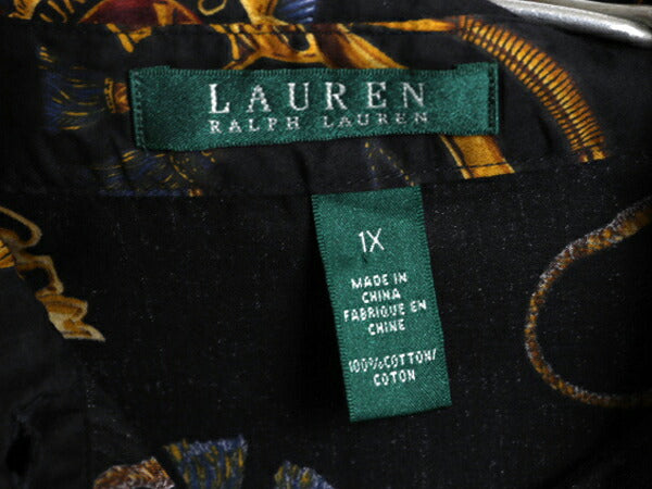 00s LAUREN ラルフローレン 総柄 長袖 シャツ レディース XL / オールド ポロ ブラウス 薄手 コットン エンブレム 大きいサイズ 黒 ベース