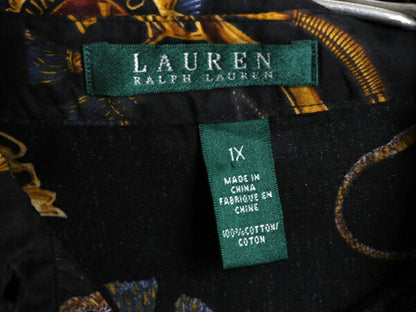 00s LAUREN ラルフローレン 総柄 長袖 シャツ レディース XL / オールド ポロ ブラウス 薄手 コットン エンブレム 大きいサイズ 黒 ベース