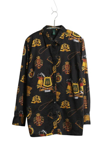 00s LAUREN ラルフローレン 総柄 長袖 シャツ レディース XL / オールド ポロ ブラウス 薄手 コットン エンブレム 大きいサイズ 黒 ベース