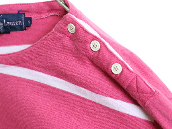 80s ラルフローレン ボーダー コットン 長袖 Tシャツ レディース S ヴィンテージ ボートネック ロンT ラガーシャツ 素材 肩ボタン ツートン