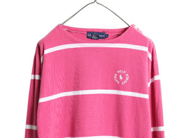 80s ラルフローレン ボーダー コットン 長袖 Tシャツ レディース S ヴィンテージ ボートネック ロンT ラガーシャツ 素材 肩ボタン ツートン