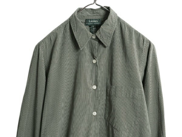 90s LAUREN ラルフローレン チェック 長袖 シャツ レディース M / オールド ポロ ストレッチ コットン ワンポイント ポケット付き Yシャツ