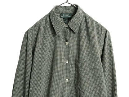 90s LAUREN ラルフローレン チェック 長袖 シャツ レディース M / オールド ポロ ストレッチ コットン ワンポイント ポケット付き Yシャツ