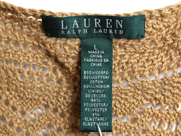 00s LAUREN ラルフローレン サマー ニット ベスト L 古着 オールド タンクトップ ノースリーブ コットン リネン かぎ針編み シースルー 茶