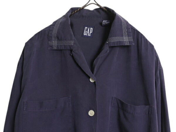 90s OLD GAP 100% レーヨン ループ留め オープンカラー 長袖 シャツ レディース S / オールド ギャップ ブラウス ステッチ入り ボックス 紺