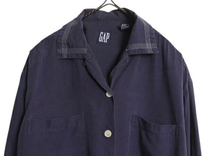90s OLD GAP 100% レーヨン ループ留め オープンカラー 長袖 シャツ レディース S / オールド ギャップ ブラウス ステッチ入り ボックス 紺
