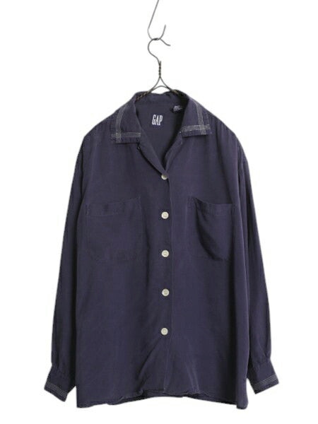 90s OLD GAP 100% レーヨン ループ留め オープンカラー 長袖 シャツ レディース S / オールド ギャップ ブラウス ステッチ入り ボックス 紺