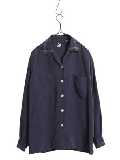 90s OLD GAP 100% レーヨン ループ留め オープンカラー 長袖 シャツ レディース S / オールド ギャップ ブラウス ステッチ入り ボックス 紺